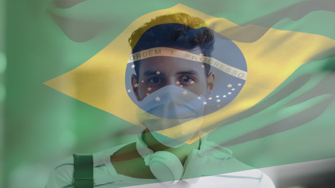 animación de la bandera de brasil ondeando sobre un hombre latino con máscara facial en la calle de la ciudad