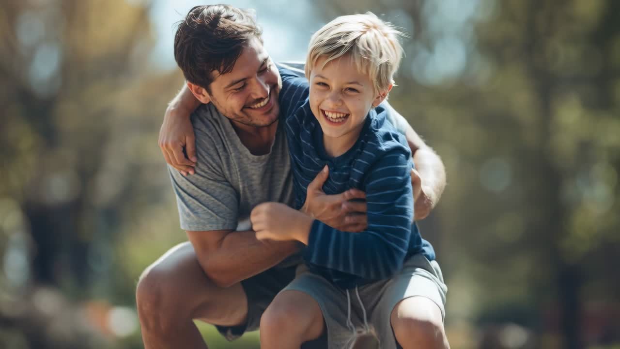 Crouching father initiating tickling, lifting son in sunny park, grey tee blue striped top for play