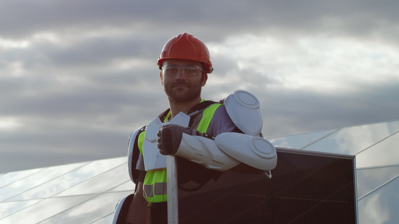 Solar Panel Maintenance Worker with Robotic Augmentation