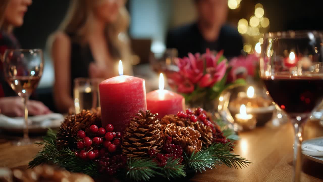 Warm ambiance of a festive gathering with beautifully arranged candles, decorative pinecones, and vibrant flowers, creating an inviting atmosphere for celebration and connection among friends during the holiday season
