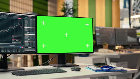 stock market metrics charts displayed on green screen computer display
