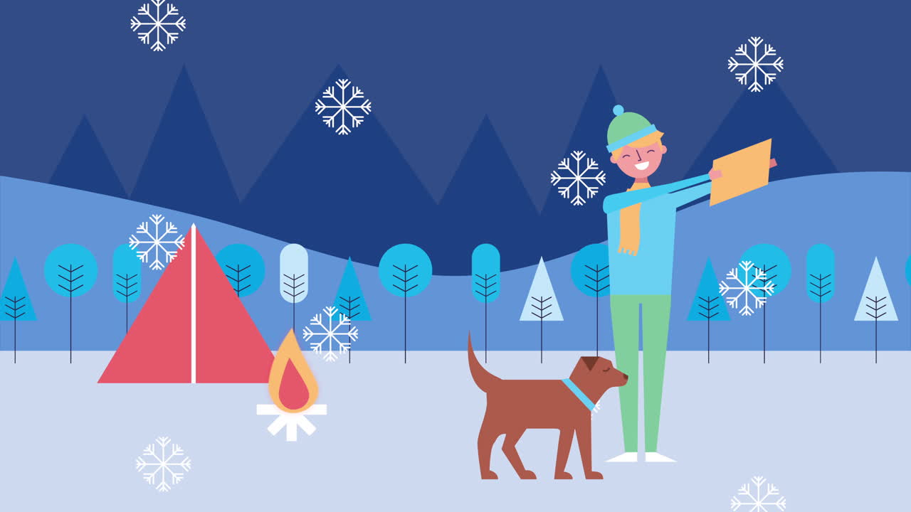 남자 캠핑과 함께 겨울 눈 풍경 장면