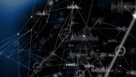 Animation-of-connected-dots-with-soundwave-and-graph-icons-over-mathematical-diagrams-in-background