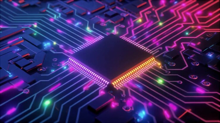 Futuristisk computerprocessorchip med glødende dataflow