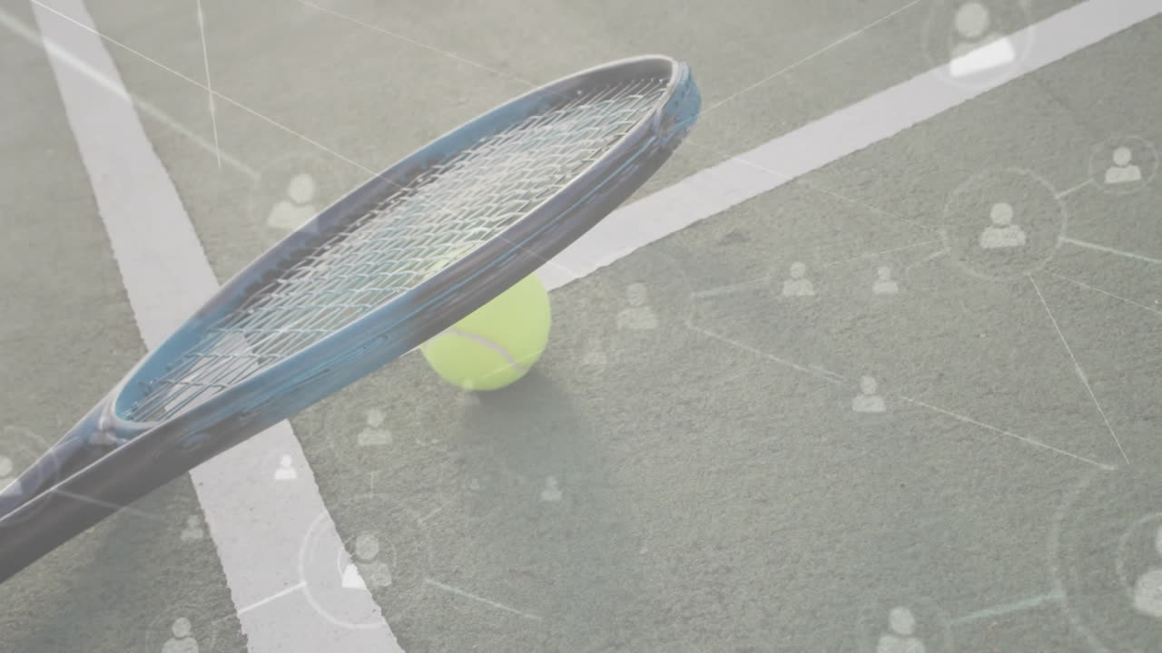 3D render featuring blue tennis racket head leaning over neon yellow ball, displaying network icons