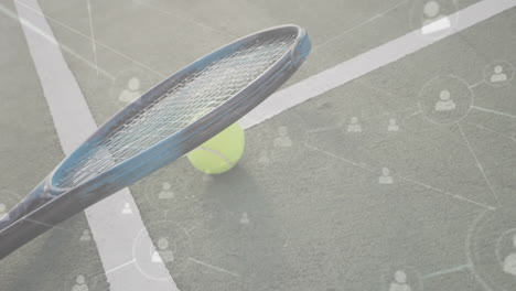 3d render featuring blue tennis racket head leaning over neon yellow ball, displaying network icons