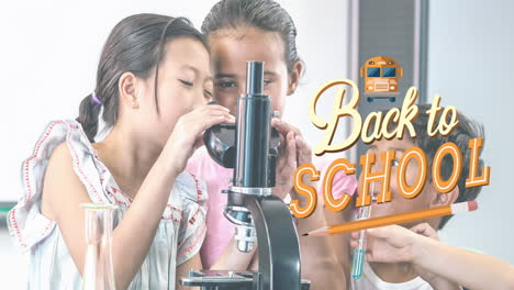 animation of back to school text over schoolchildren using microscope