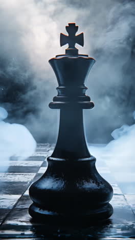 a chess board with a king in the middle surrounded by other pieces. the king is surrounded by a foggy atmosphere