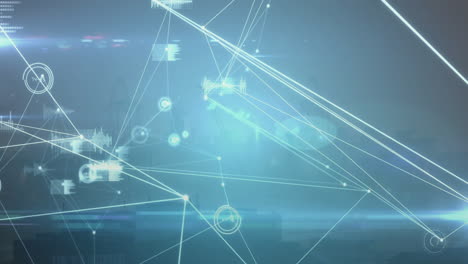 animation of arrow moving upwards, network of connections and data processing on blue background