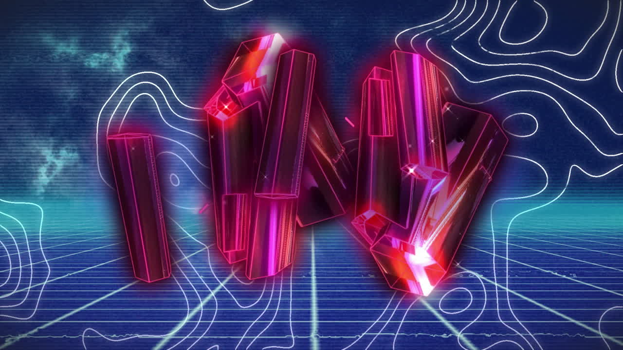 Animation of glowing blocks moving over white lines and metaverse background