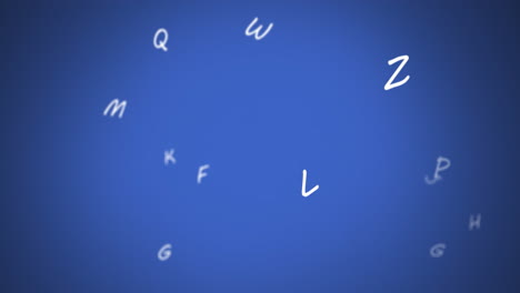 digital animation of multiple white english alphabets floating against blue background