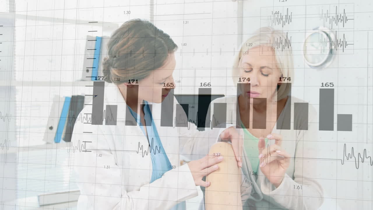 female doctor examining patient knee in clinic, displaying animated pain chart and floating icons