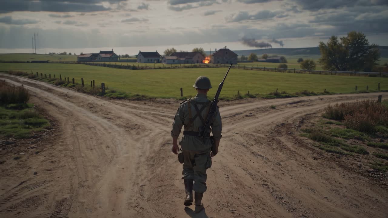 전쟁으로 황폐화 된 시골 지역 을 걸어다니는 군인