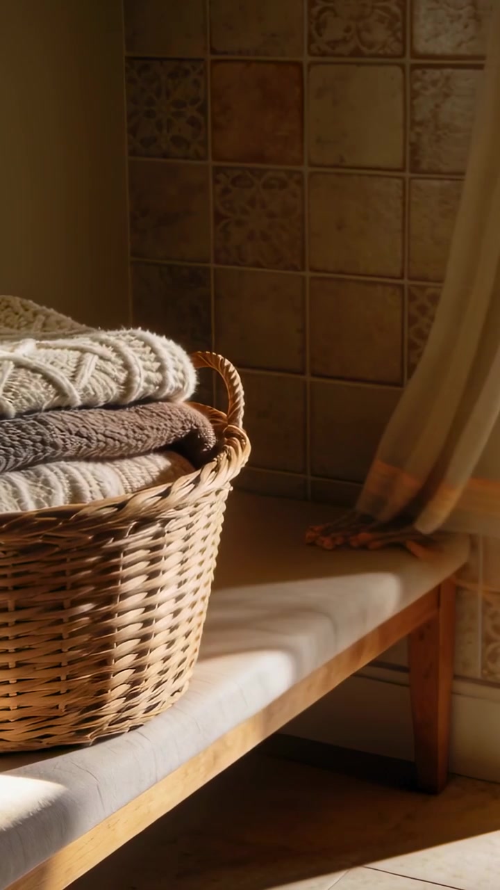 Vertical video: Swaying curtain, breeze moving light over basket of knits in home nook, copy space