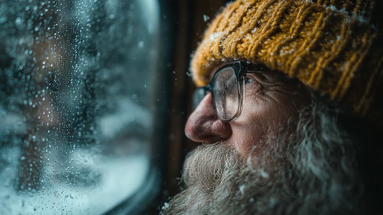 Besinnlicher Moment: Ein älterer Mann blickt aus einem vereisten Fenster, genießt die Ruhe eines verschneiten Tages, eingehüllt in Wärme und Gedanken