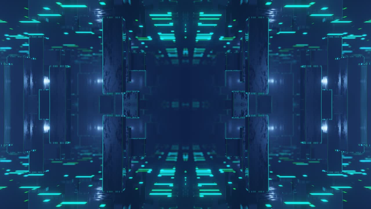 Fly through symmetrical technology cyberspace with neon glow. Sci-fi flight through hi-tech technology tunnel. Neon light. 3d looped 4k bg. sci-fi constructions, mysterious 3d objects