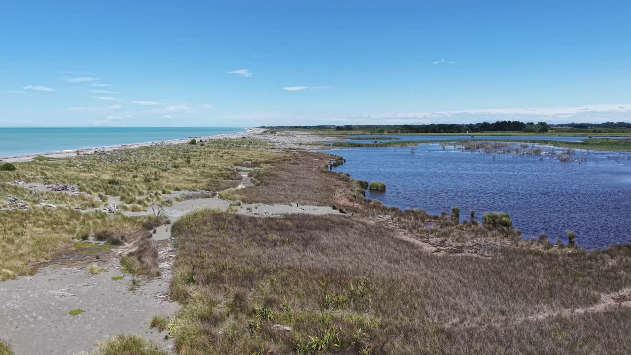 Slow-motion aerial reverse above tussock grass and other vegetation at lagoon's edge (Coopers Lagoon, Canterbury, New Zealand)