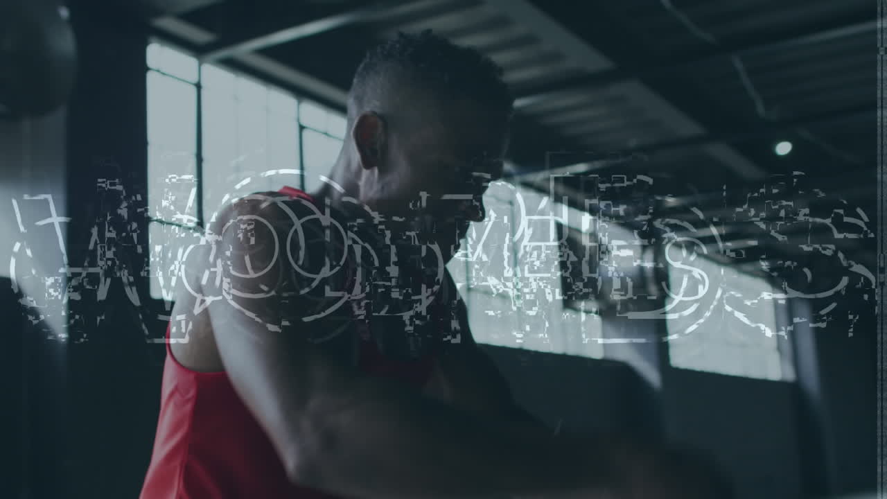 Animazione di testo 'good vibes' su sportivo afroamericano in palestra