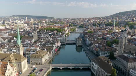 Amazing-Drone-Shot-of-Zurich,-Switzerland's-Old-Town-on-Summer-Afternoon