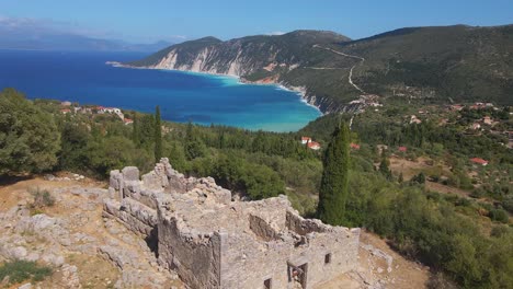 far reaching mountain valley and bay view from odysseus palace ruins in ithaka greece