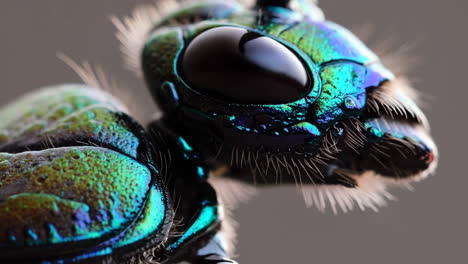 macro close-up of an iridescent green and blue insect head