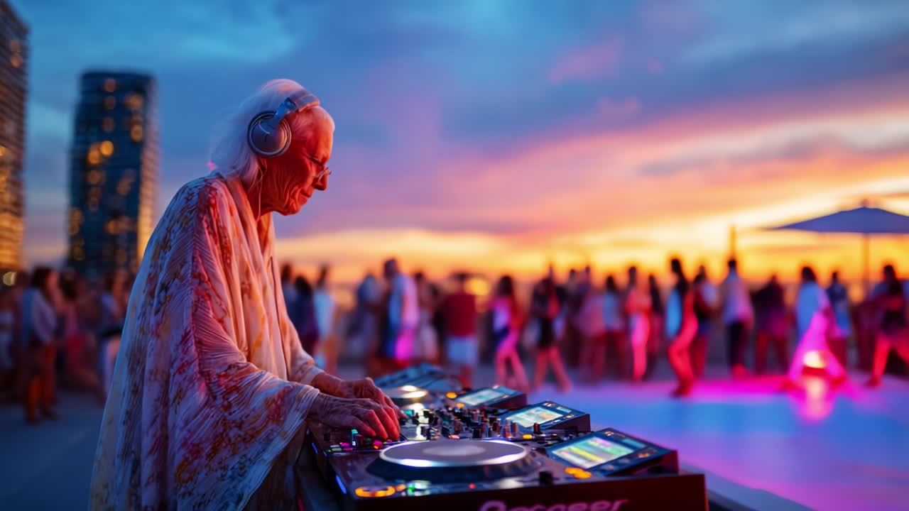 An Inspiring Moment as an Older Woman Takes Center Stage, Skillfully DJing at a Vibrant Outdoor Party Against a Stunning Sunset, Captivating a Diverse Crowd with Her Music