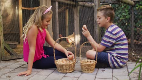 happy caucasian brother and sister with baskets collecting eggs from hen house in garden