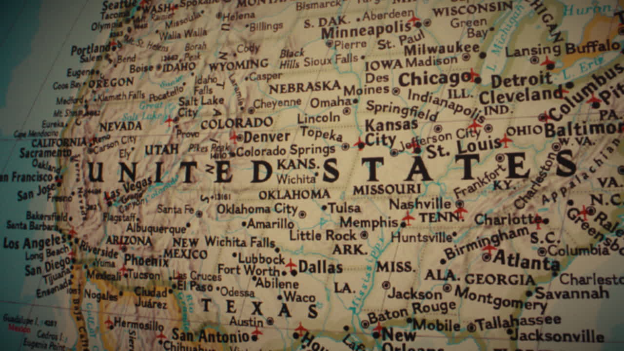 Close-up detail of a map showing the United States