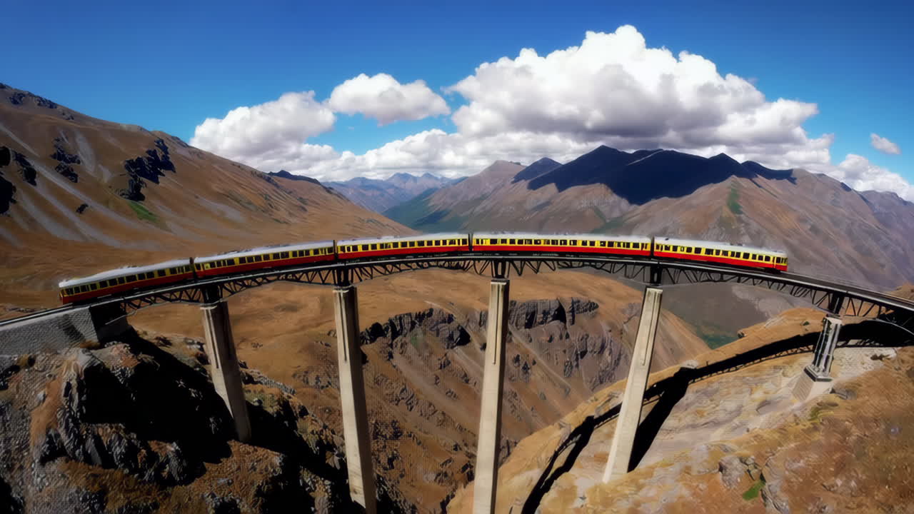 Train crossing a mountain bridge