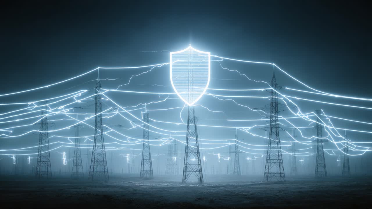 Una impresionante exhibición de líneas eléctricas con un escudo brillante que simboliza protección en medio de un enigmático fondo atmosférico oscuro.