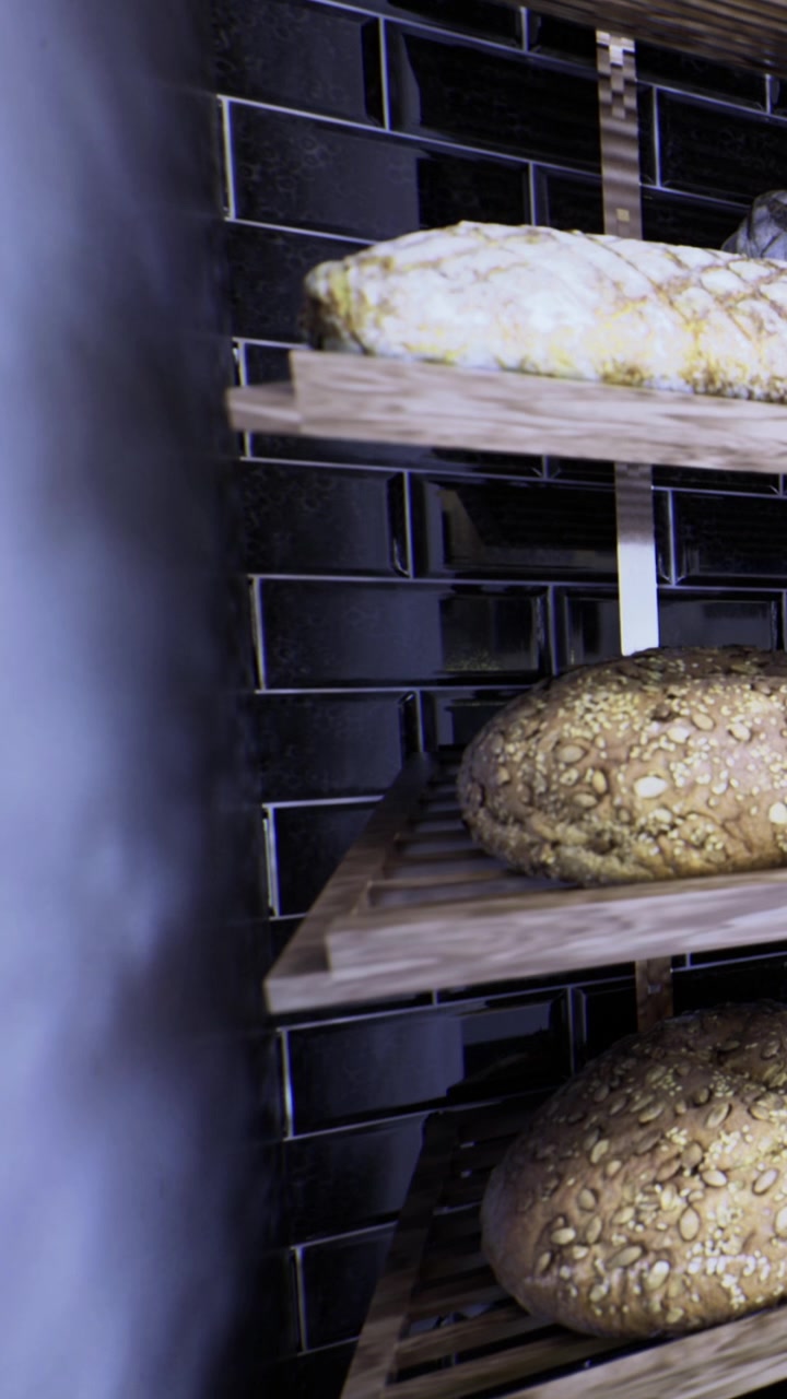 Fresh bread is displayed on wooden shelves in a kitchen setting at a bakery