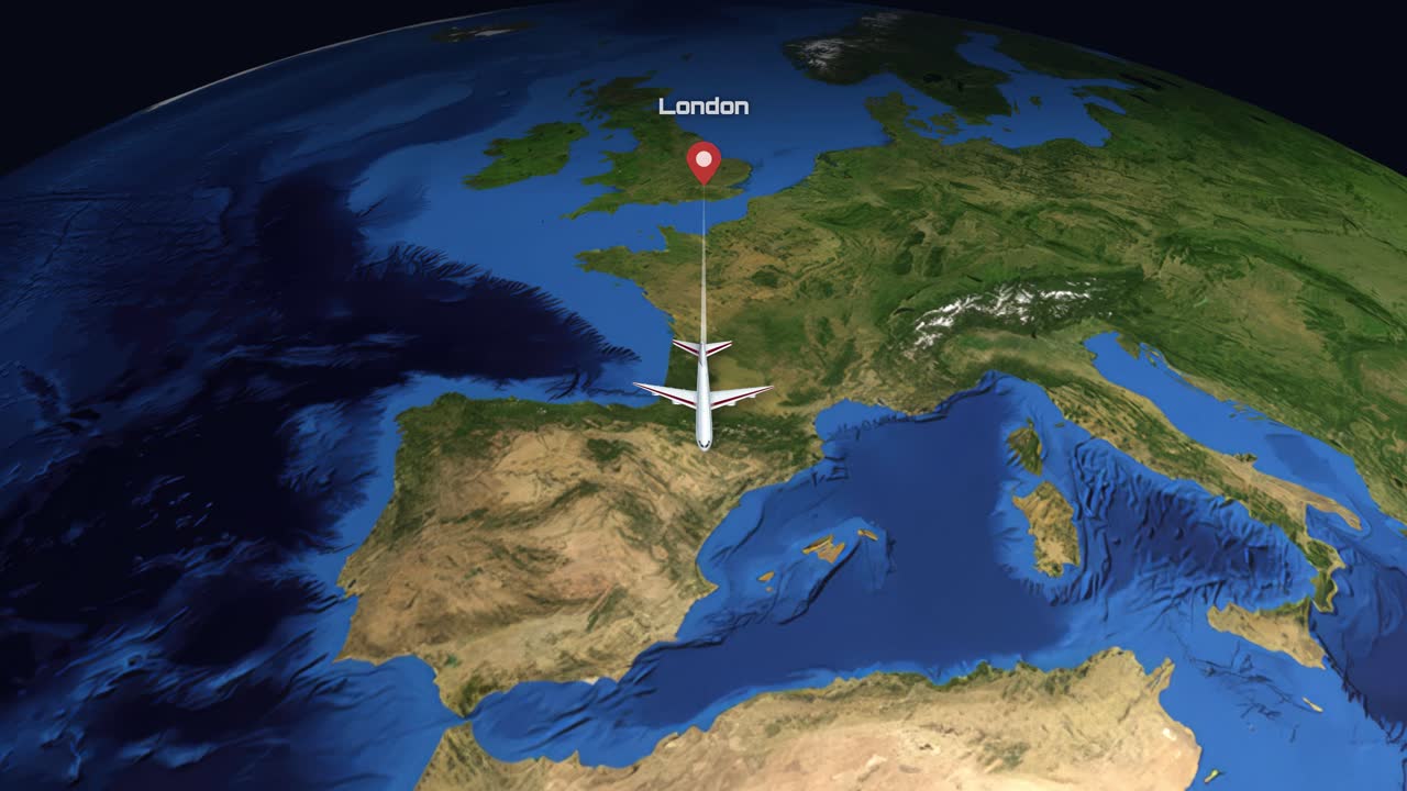 A 3D airplane icon travels across a realistic globe from London to Accra, Ghana