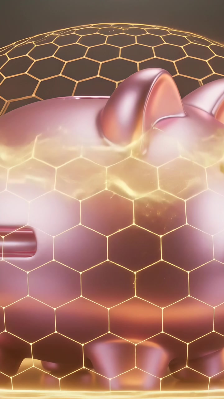 Video verticale: Griglia esagonale che si forma dal basso, racchiudendo un salvadanaio in studio, a protezione.