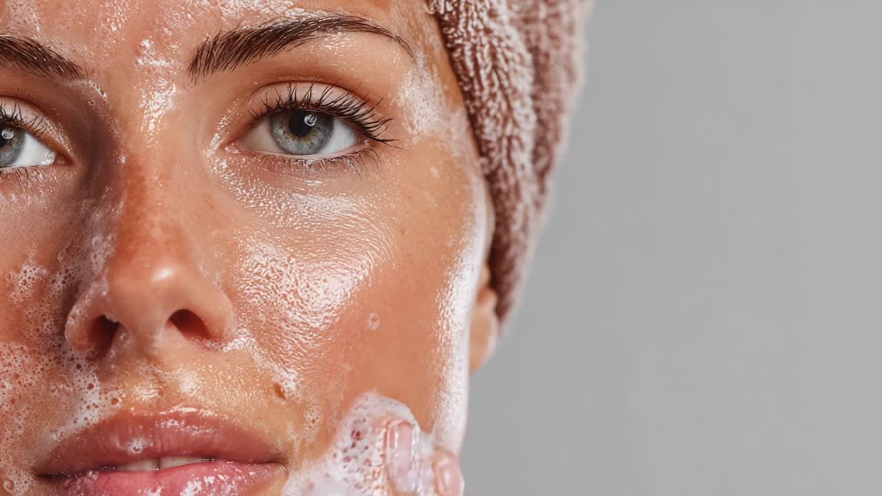 A close-up view of a woman washing her face, highlighting her beautiful skin and the cleansing foam applied as part of her skincare routine for a fresh and radiant look