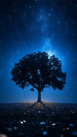 night sky filled with stars above a tree. a large tree stands alone under a sparkling night sky, illuminated by stars and a soft glow from below.