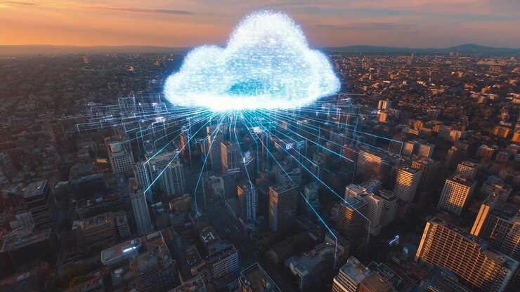Digital Cloud Computing Network Over Modern City Skyline