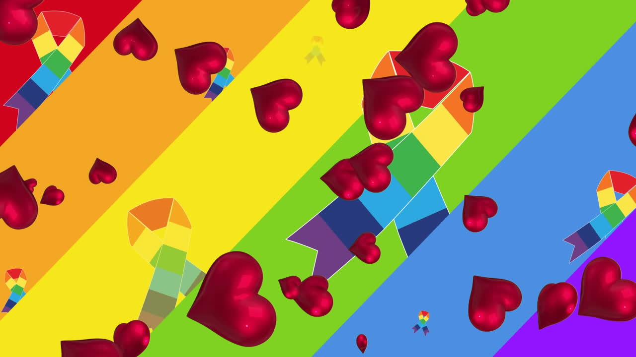 리본이 달린 무지개  ⁇ 발 위에 떠다니는 심장의 애니메이션