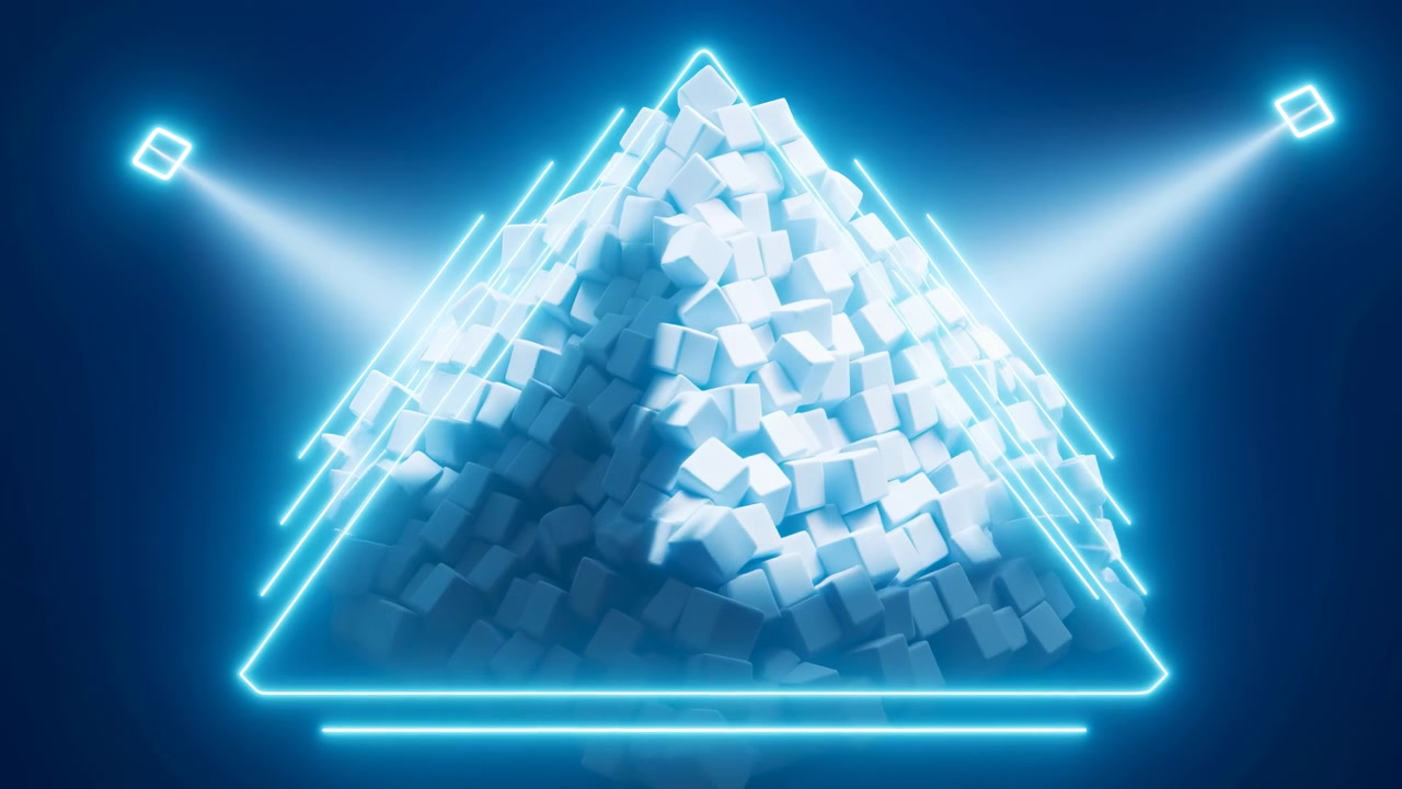 Piramide al neon di cubi bianchi si illumina all'interno di un wireframe triangolare con doppi fasci di luce spot, digitale futuristico.