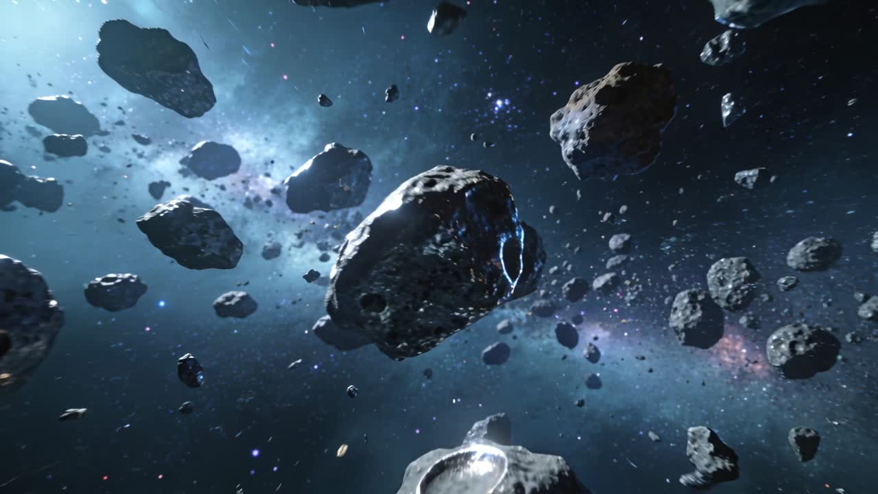 Telecamera che avanza, un ammasso di asteroidi craterizzati che scivolano via in una nebulosa, creando effetti visivi di parallasse.