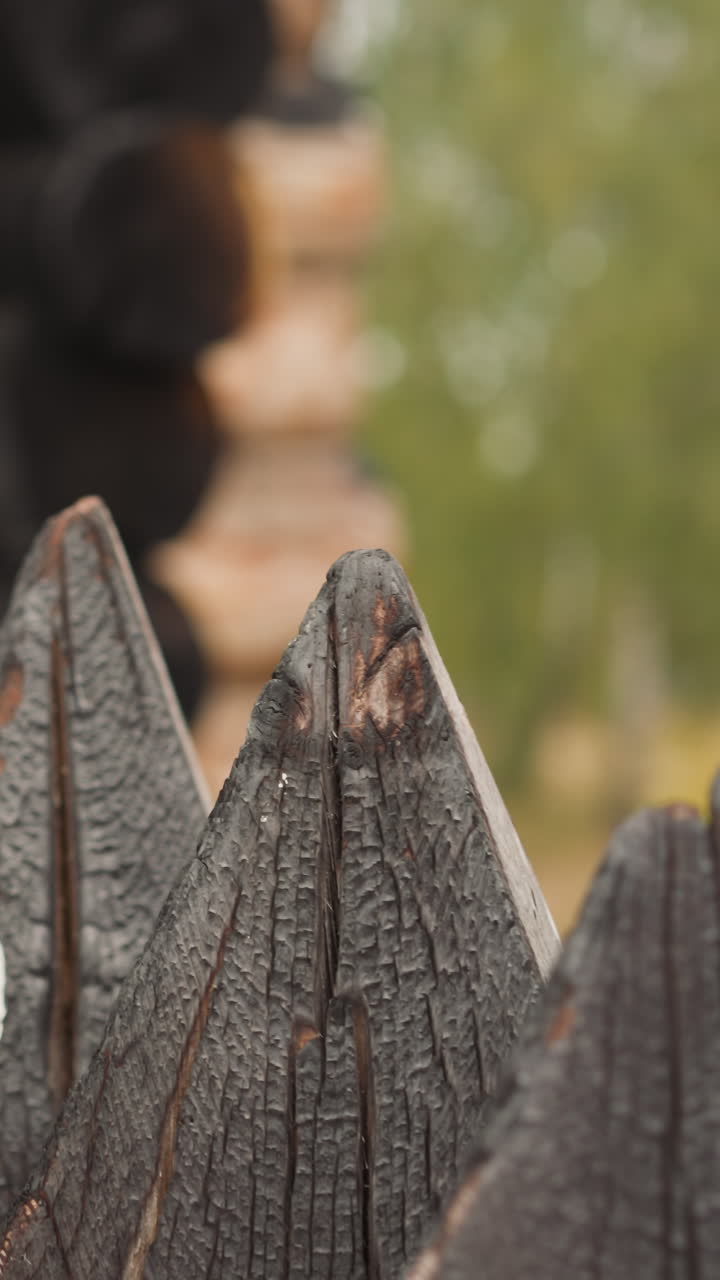 Old fence made of wooden spikes near log house on sunny day. Marking boundaries of property. Traditional medieval building closeup on blurred background