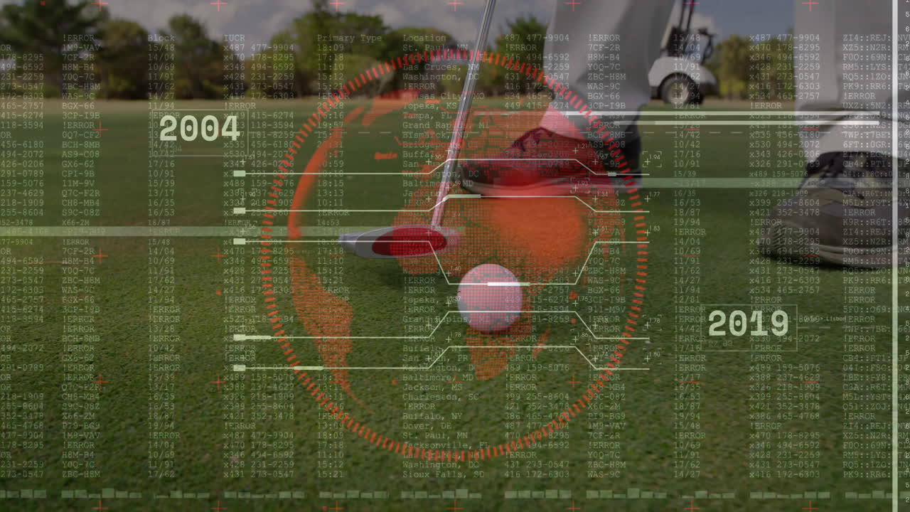 Golf putter head and golf ball moving into focus on putting green with 3D HUD overlay
