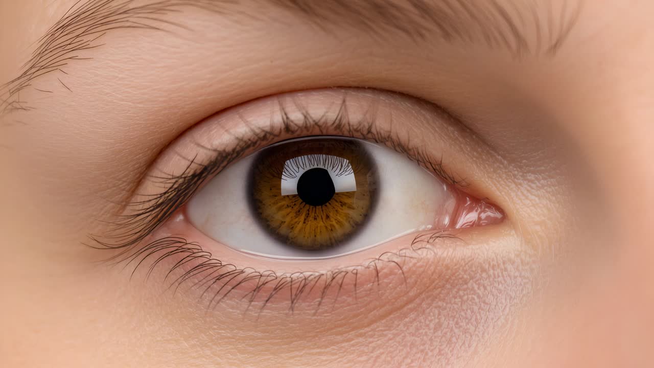 Reacting to light change, brown eye shifting pupil in studio, with rectangular light reflection