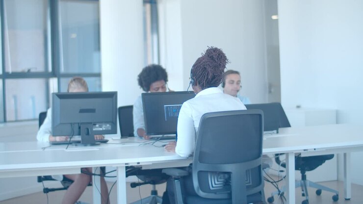 Grupo diverso de traders con auriculares trabajando en la oficina