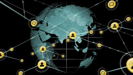 Animation-of-network-of-connections-with-icons-over-globe-on-black-background