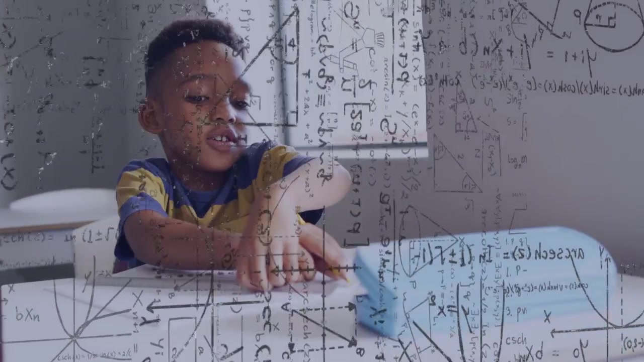 Boy leaning, touching blue toy, pushing while holding pencil, math overlays showing motion learning