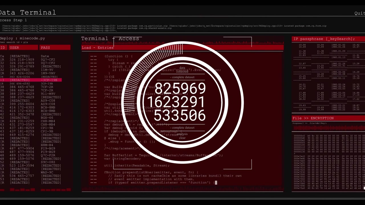 Dark screen switching to red terminal, central HUD rotating and updating numbers to decrypt data