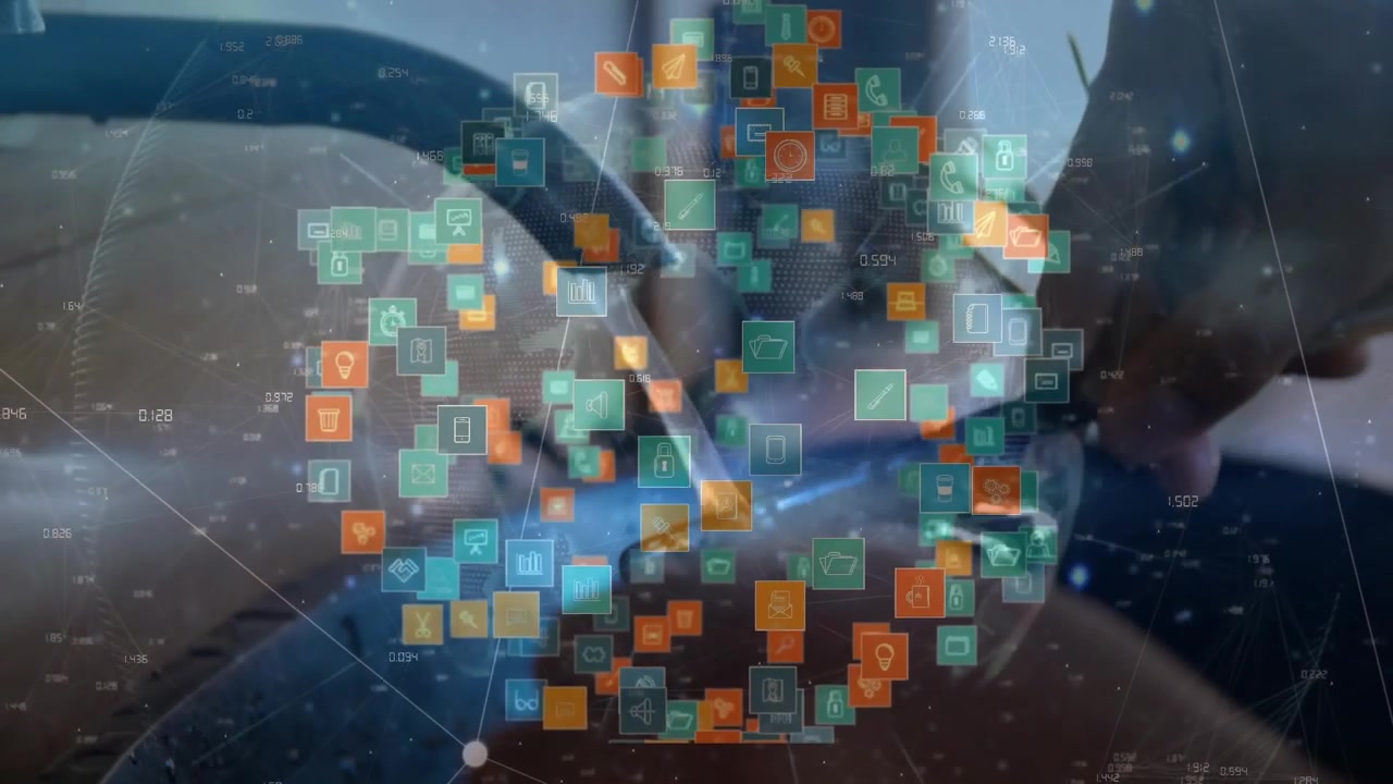 Hand tapping touchscreen while 3D app globe displaying network data and security icons in tech