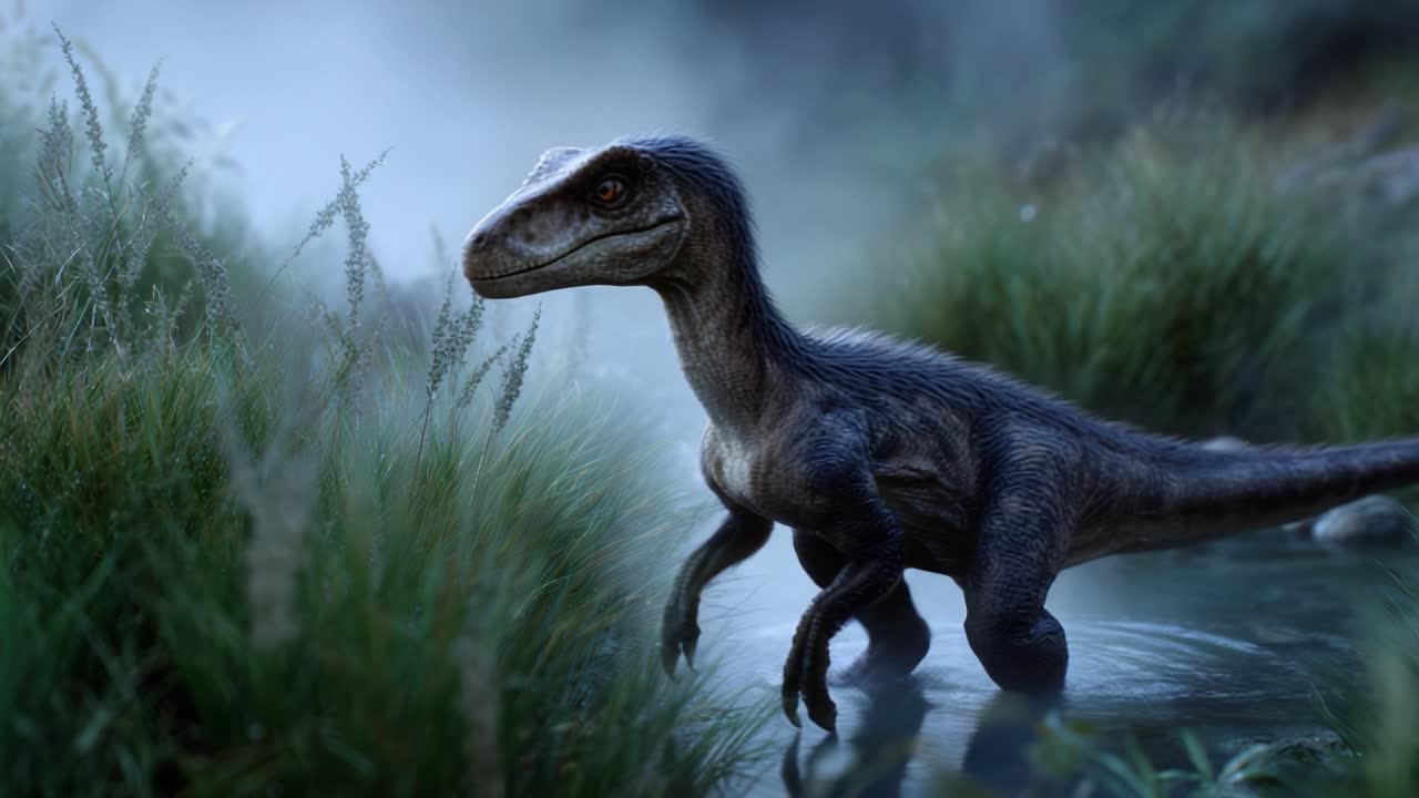 En majestetisk dinosaur dukker opp fra tåken, som fanger essensen av en urtidsverden fylt med frodig vegetasjon og gåtefulle omgivelser.