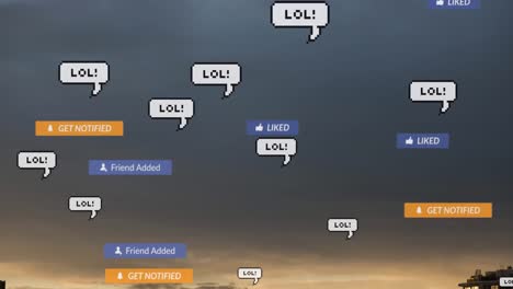 animation of social media text on banners with speech bubbles over sky in background