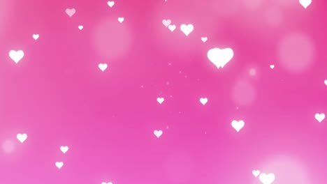 Animation-of-illuminated-white-heart-shapes-falling-on-pink-background